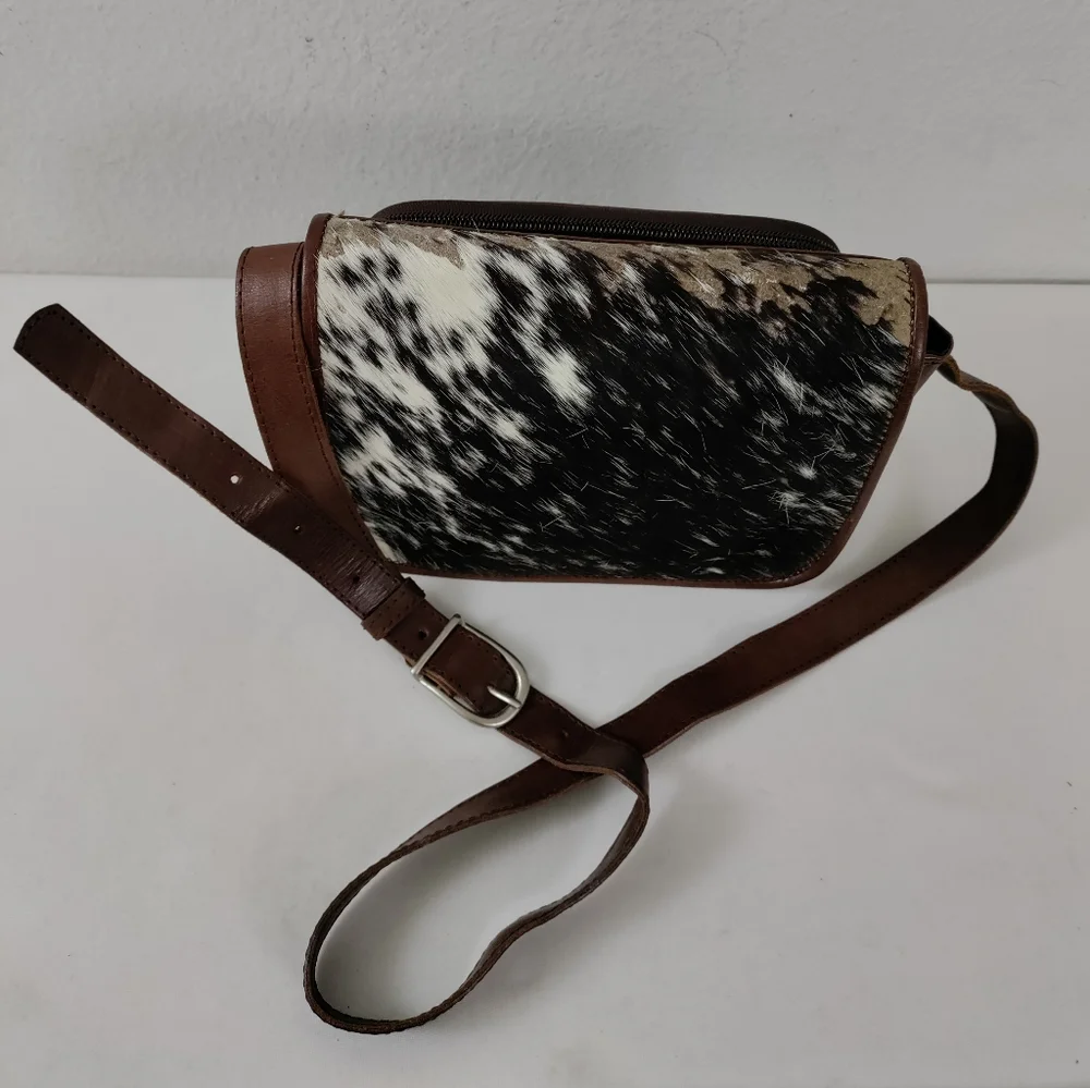 Leaders In Leather Vntg Tooled Leather Pony Hair Flap Messenger Crossbody Bag